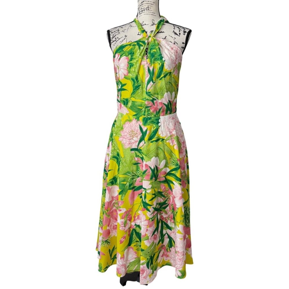 Natori Passion Peony Floral Halter Dress Tropical Green Pink Womens Size 6 NEW